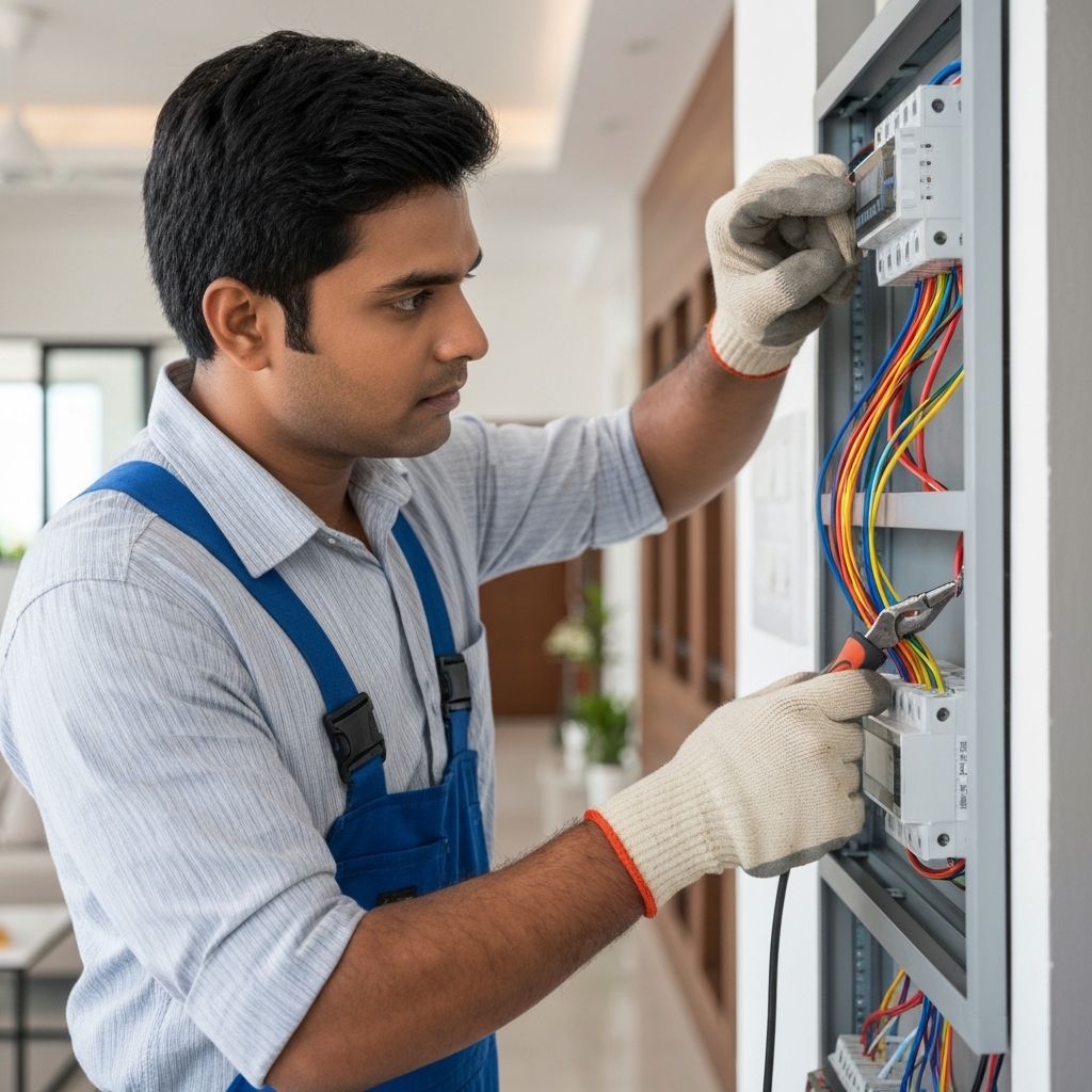 Electrician fixing wiring switchboard with professional tools
