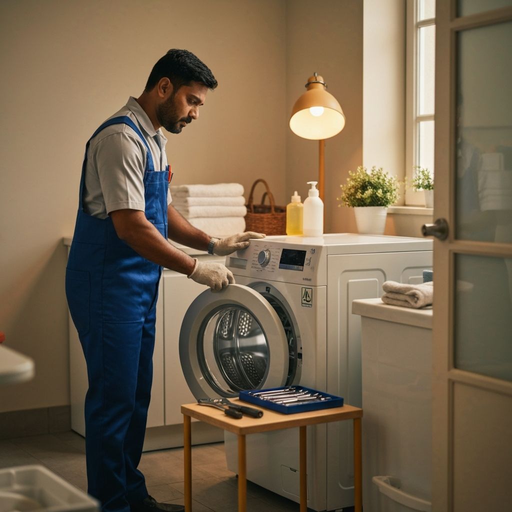 Technician repairing front load washing machine at home